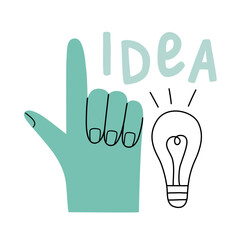 Turquoise gesture raised up forefinger idea light bulb. Idea concept icon in flat hand drawn style vector illustration