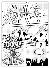 Monochrome comic page with explossion and expressions Vector illustration