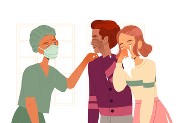 Man and Woman Crying from Sorrow in Hospital Hearing Bad News from Doctor Vector Illustration