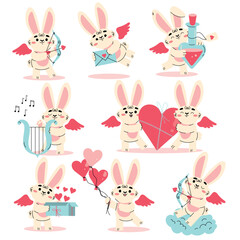 Obraz na płótnie Canvas Cute Cupid Bunny with Wings and Heart as Love and Affection Symbol Vector Set