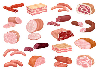 Obraz na płótnie Canvas Meat Products with Lard, Wurst, Sausage, Ham and Beef Big Vector Set