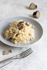 Risotto with porcini mushrooms and black truffles served in a plate top view, gourmet cousine