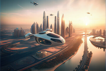 Naklejka na ściany i meble Futuristic dubai realistic detailed with flying drones. Generative AI