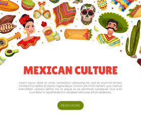 Obraz premium Ethnic Mexican Symbols Banner Design with Traditional Objects Vector Template