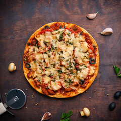 Italian food: delicious homemade pizza with tomato sauce, meat, melted cheese, olives and tomatoes. Top view. Square