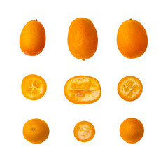 Cumquat or kumquat with half isolated on transparent background. Top view. Flat lay. Set or collection