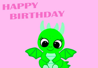 Pink Happy Birthday Card with dragon