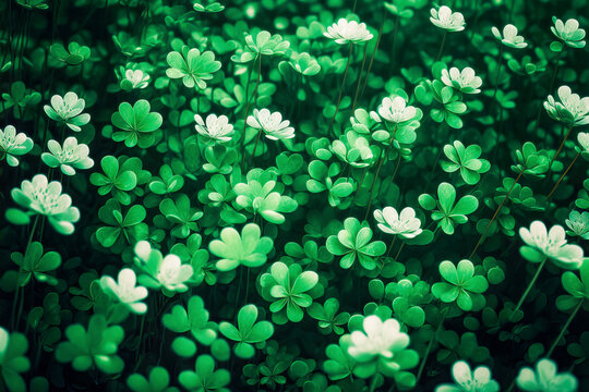 Four-leaf green clover for good luck on St. Patrick's day. Sunny glade of clover. Generative Ai