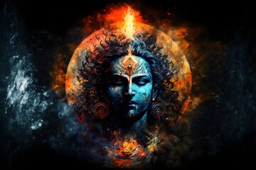 Lord Shiva in universe. spiritual image against the background of the cosmos. Mahamaya. Gurudeva.