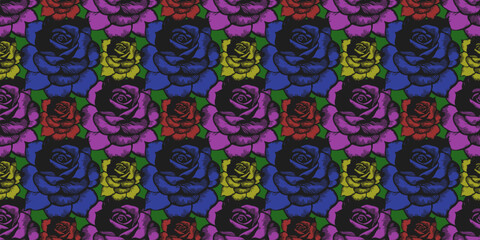 Vector seamless pattern. Color roses of different sizes, symmetrically arranged. Ornamental plant, texture or background.