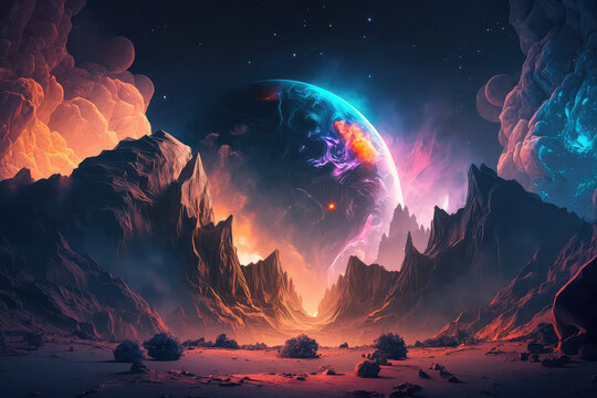 Abstract fantasy neon space landscape. Star nebulae, month and moon, mountains, fog. Unreal fantasy world. Silhouettes, horoscope, zodiac signs. 3D illustration. (ai generated)