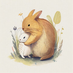 Rabbits watercolor illustration for kids. Ai generative 