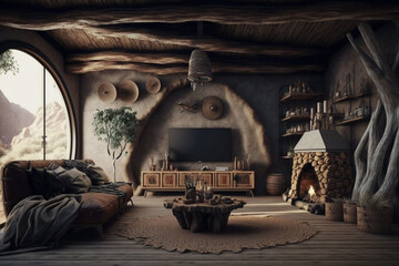 Primitive living room interior design for modern times with widescreen TV and chimney 3D render made with generative ai 