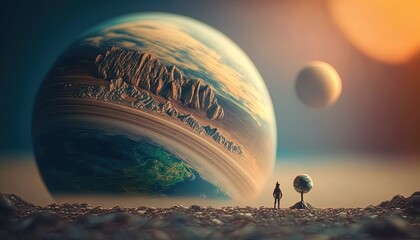 blurred illustration of people with planet star, idea for space travel theme, miniature style landscape, Generative Ai