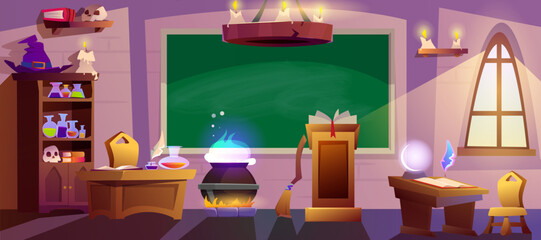 Cartoon magic school classroom with chalkboard, cauldron, witch hat and wooden desks for pupils. Empty wizard room with spell book, broom, window, glowing candles and green blackboard.