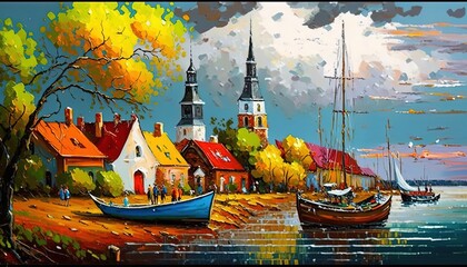 Fototapeta na wymiar paint like illustration of Europe coastal line village, Generative Ai