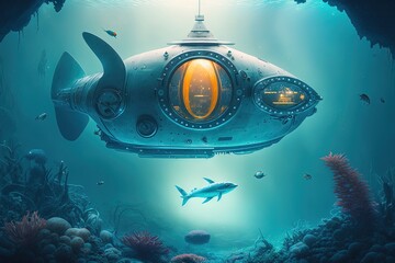 Fantasy futuristic submarine sails underwater. Generative AI - obrazy, fototapety, plakaty
