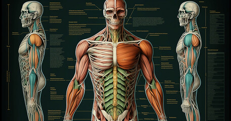 The human muscular system. Muscle system of the human body. Human muscle structure. Generative AI.