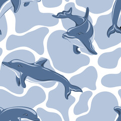 Seamless pattern with dolphins. Marine dweller. Concept of sea and ocean life. Modern print for fabric, textiles, wrapping paper. Vector illustration