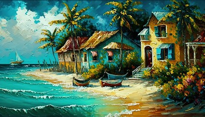 paint like illustration of  beautiful tropical seascape village with house in village and palm tree, Generative Ai