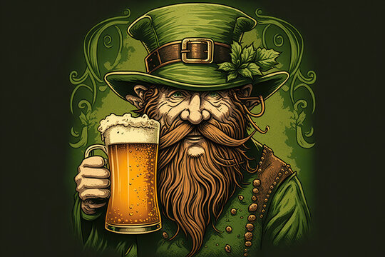 Elf leprechaun with beer for Saint Patrick's day illustration, created with Generative AI