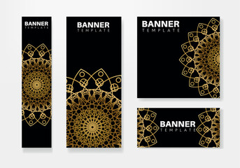 Luxury ornamental mandala banner design with golden arabesque pattern Arabic Islamic east style. Vector letter head template.