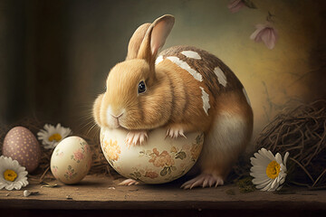 Happy easter day with rabbit and eggs. Celebrating easter day. Rabbit and Eggs. Generative AI.