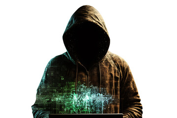 hacker with a hood and a dark unrecognizable face isolated on shite background, anonymous shiluette, generative ai - obrazy, fototapety, plakaty