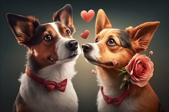 Illustration of a cute couple of dogs in love, valentines day concept. Generative AI.