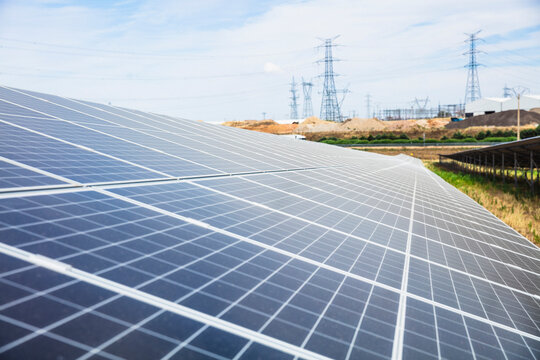 Solar Park in summer with blue sky. Spain