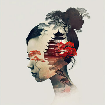 AI image of Chinese woman with red trees