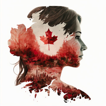 Generative AI illustration of Canadian female with cityscape and forest