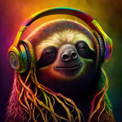 Rastaman Sloth listening to music with headphones, Cartoon character lazy sloth music poster, AI Generated