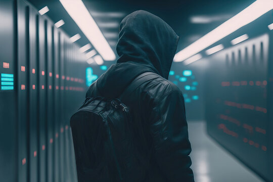AI image of hacker standing among illuminated servers