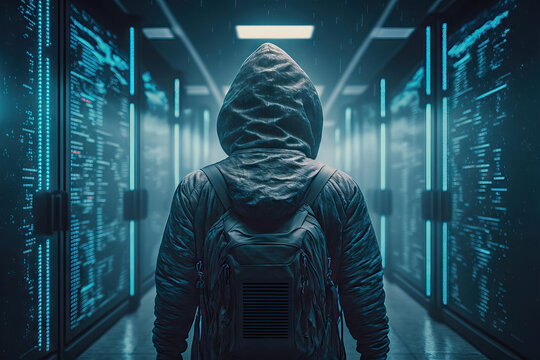 AI image of hacker standing among illuminated servers
