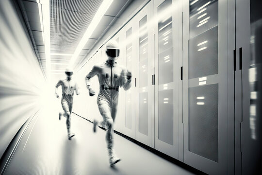 AI image of futuristic people running in corridor