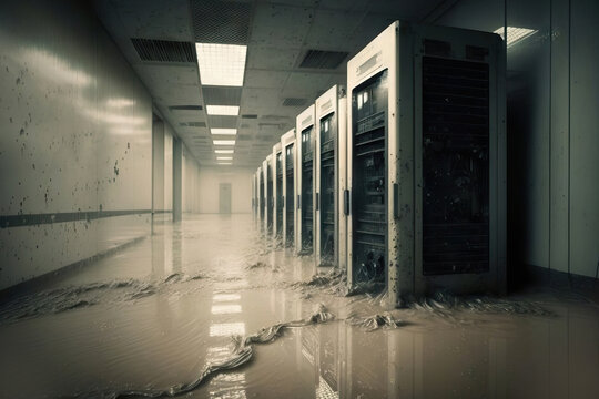 AI image of shabby server room with water