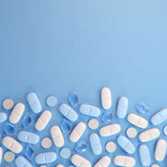 3d rendering of some blue and white tablets, pills - Medicine on blue background.