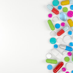 3d rendering of many colorful tablets, pills and capsules. - Medicine on white background.