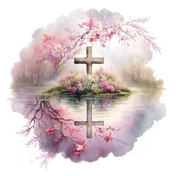 A jesus cross that with of flowers on a see. Funeral Postcard. AI generated