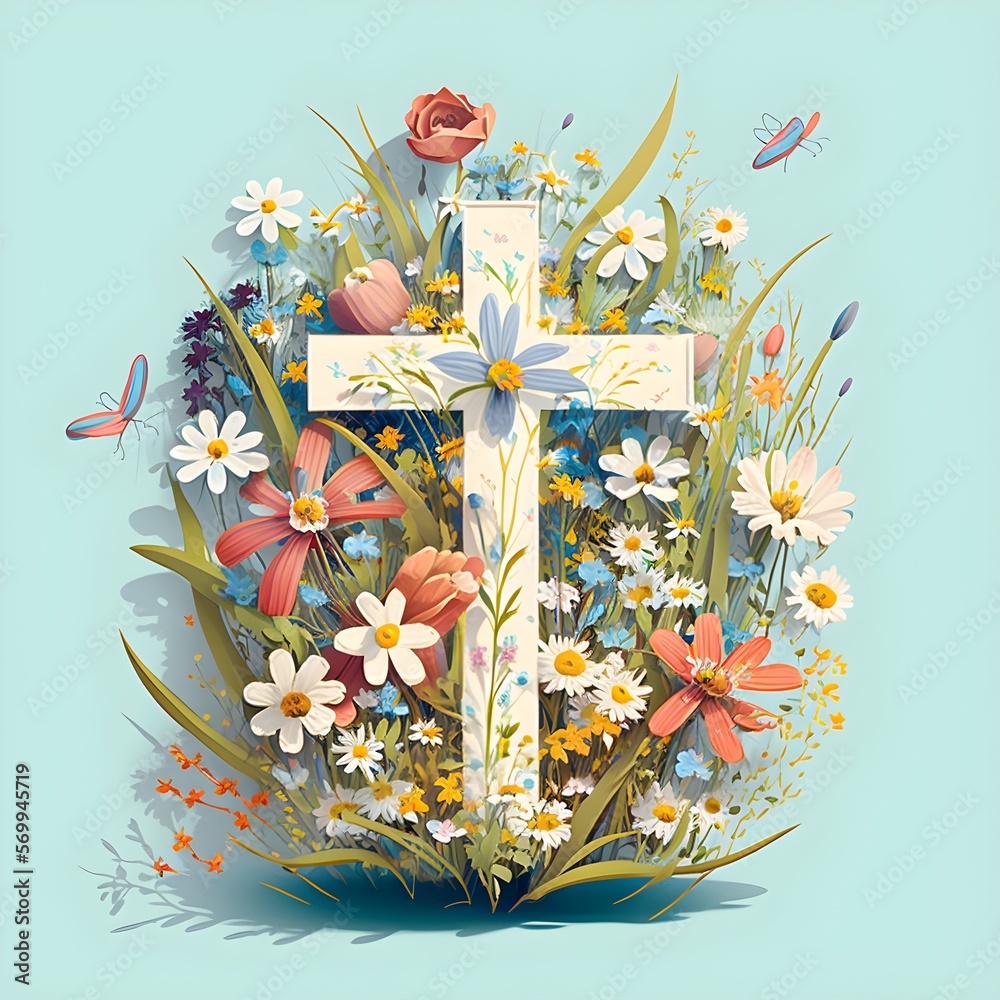 Wall mural a jesus cross that consists of colorful flowers