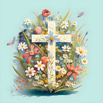 A jesus cross that consists of colorful flowers