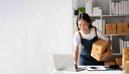 Startup small business entrepreneur of freelance Asian woman using a laptop with box Cheerful success online marketing packaging box and delivery SME idea concept. - obrazy, fototapety, plakaty