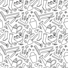 Gardening hand drawn seamless pattern, doodle ornament of  garden tools icons, vector illustrations of shovel, wheelbarrow, watering can, harvesting in summer, outline pattern on white background
