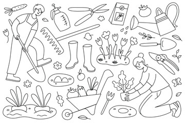 Obraz premium Man and woman working in garden. Hand drawn gardening and farming scene, cartoon people planting, digging, garden tools collection, doodle icons of garden beds, rake, watering can, vector illustration