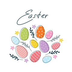 Happy Easter banner, greeting card, poster, holiday covers template, with typography, plants, eggs in pastel colors. Vector illustration in flat style