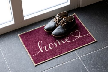 An indoor portrait of two stylish blue shoes standing on a welcome home door mat next to the entrance front door of a house. Perfect welcome for a guest or visitor or a client in real estate.