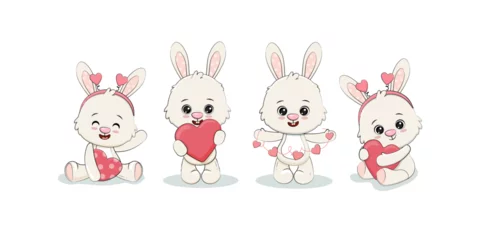 Muurstickers Speelgoed set of cute cartoon bunny with a heart on white background. Rabbit with heart.Valentine's day card.Vector illustration