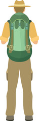 Traveler with backpack. Hiking man rear view