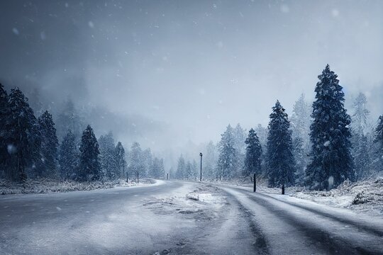 scenic view of empty road with snow covered landscape while snowing in winter season.turkey. Generative AI © Petr